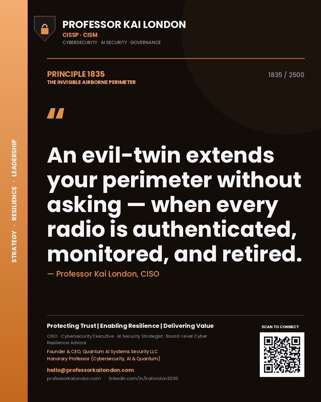 Quote card by Professor Kai London reading 'An evil-twin extends your perimeter without asking — when every radio is authenticated, monitored, and retired.'. From the book The Invisible Airborne Perimeter.