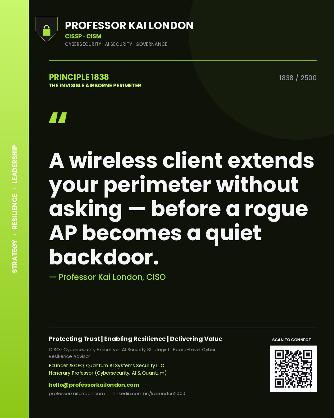 Quote card by Professor Kai London reading 'A wireless client extends your perimeter without asking — before a rogue AP becomes a quiet backdoor.'. From the book The Invisible Airborne Perimeter.