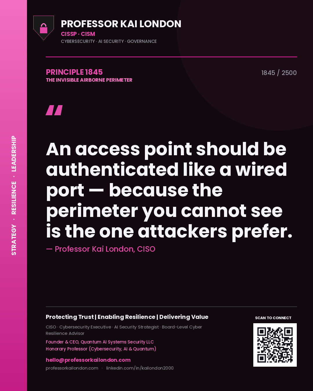 Quote card by Professor Kai London reading 'An access point should be authenticated like a wired port — because the perimeter you cannot see is the one attackers prefer.'. From the book The Invisible Airborne Perimeter.