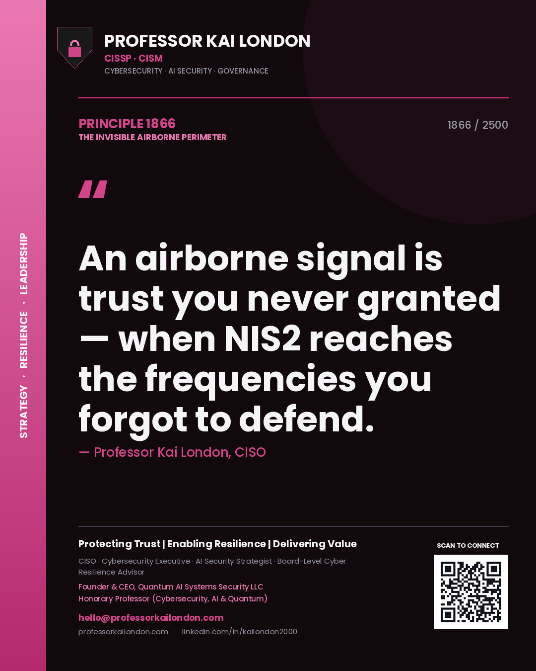 Quote card by Professor Kai London reading 'An airborne signal is trust you never granted — when NIS2 reaches the frequencies you forgot to defend.'. From the book The Invisible Airborne Perimeter.