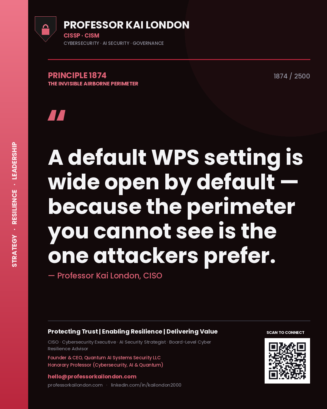 Professor Kai London principle 1874: A default WPS setting is wide open by default — because the perimeter you cannot see is the one attackers prefer.