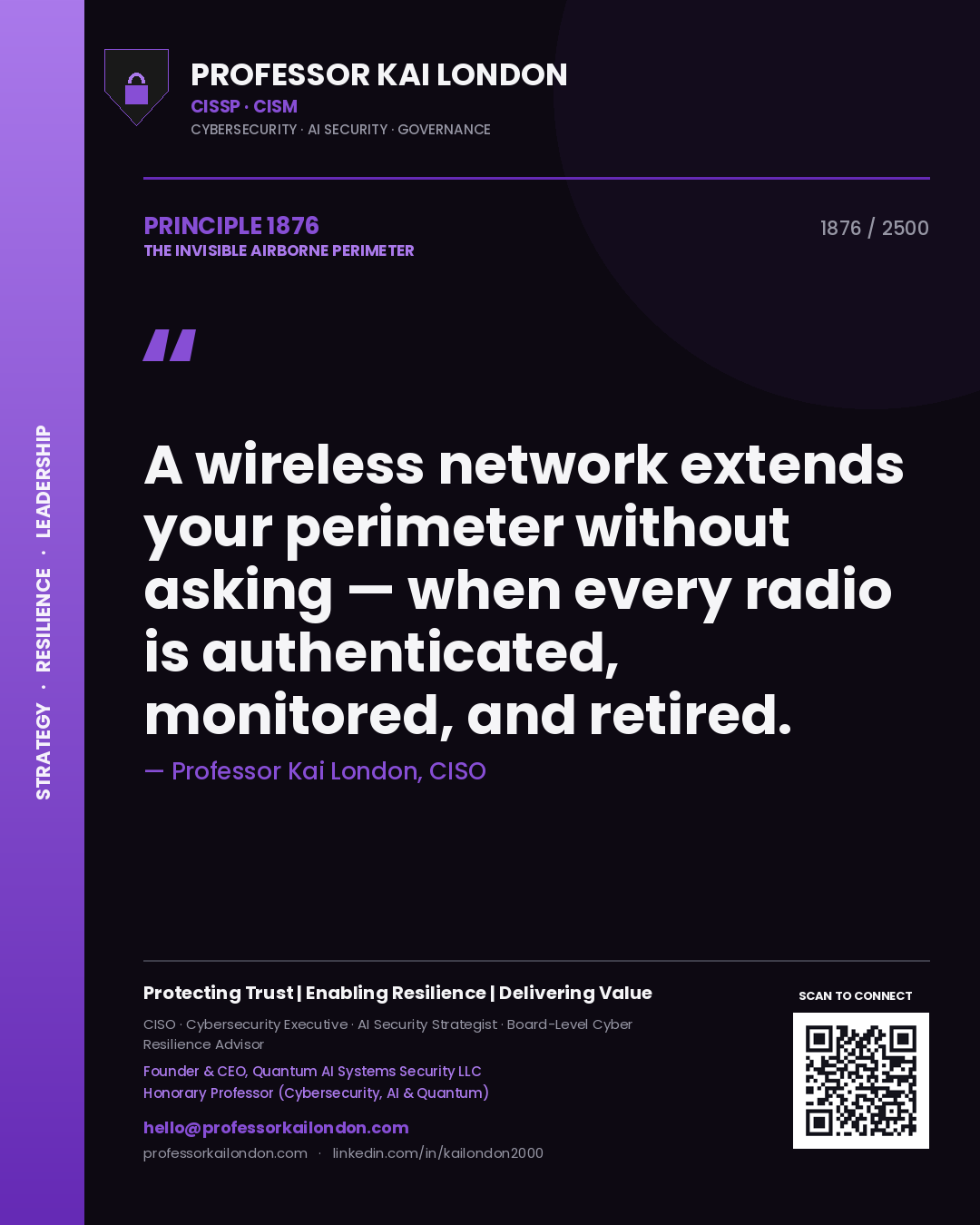 Quote card by Professor Kai London reading 'A wireless network extends your perimeter without asking — when every radio is authenticated, monitored, and retired.'. From the book The Invisible Airborne Perimeter.