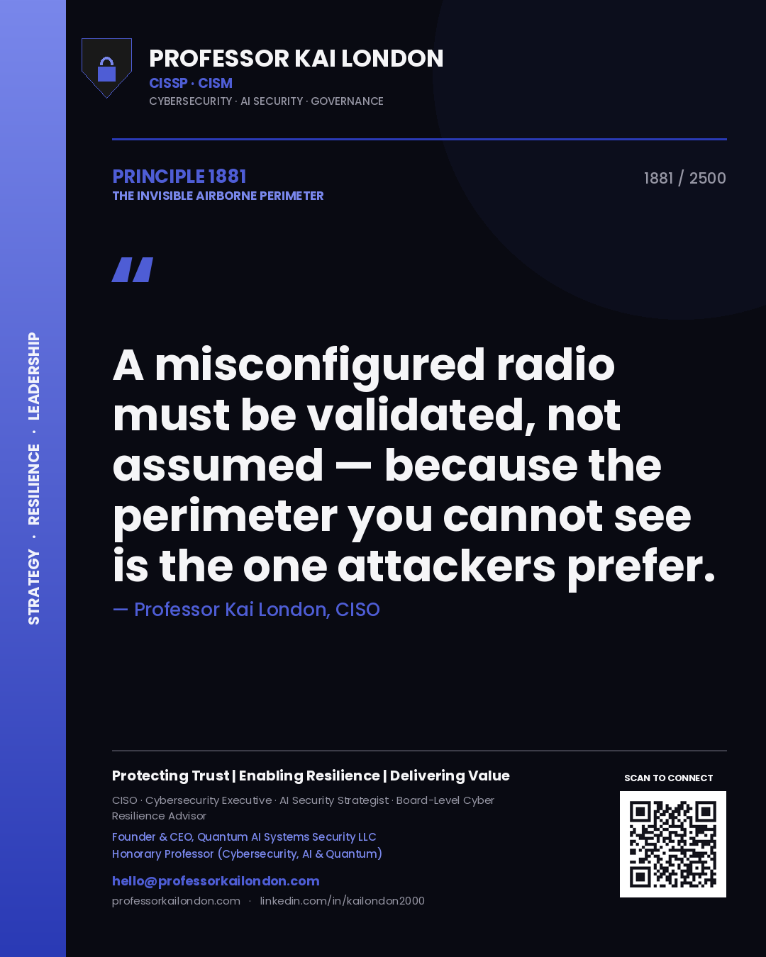 Quote card by Professor Kai London reading 'A misconfigured radio must be validated, not assumed — because the perimeter you cannot see is the one attackers prefer.'. From the book The Invisible Airborne Perimeter.