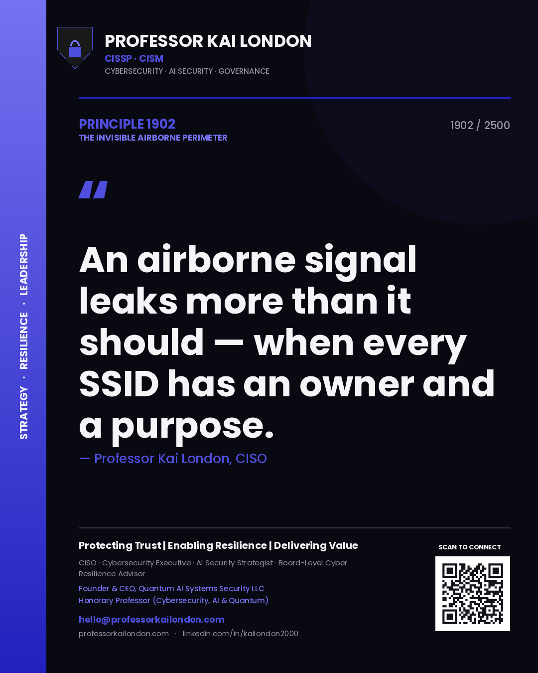 Quote card by Professor Kai London reading 'An airborne signal leaks more than it should — when every SSID has an owner and a purpose.'. From the book The Invisible Airborne Perimeter.