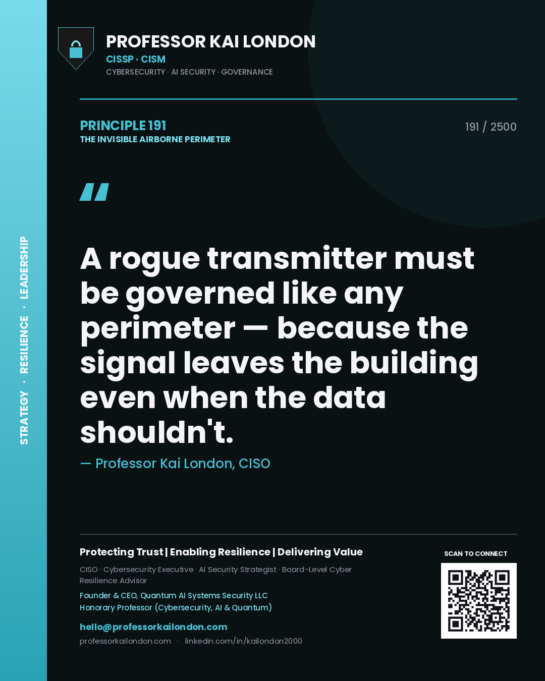 Quote card by Professor Kai London reading 'A rogue transmitter must be governed like any perimeter — because the signal leaves the building even when the data shouldn't.'. From the book The Invisible Airborne Perimeter.