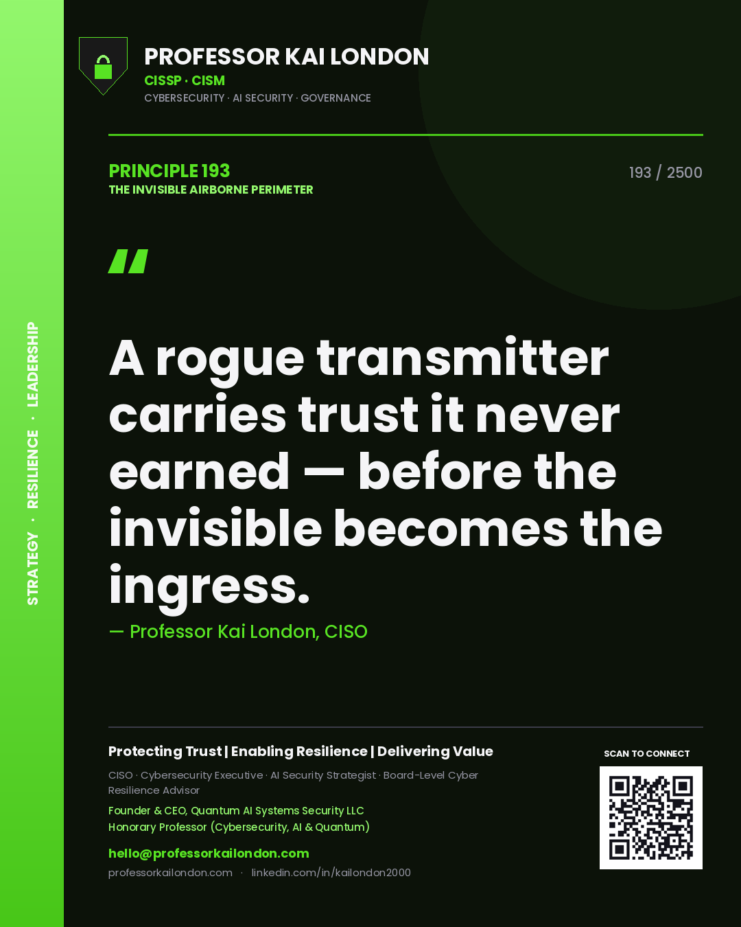 Quote card by Professor Kai London reading 'A rogue transmitter carries trust it never earned — before the invisible becomes the ingress.'. From the book The Invisible Airborne Perimeter.