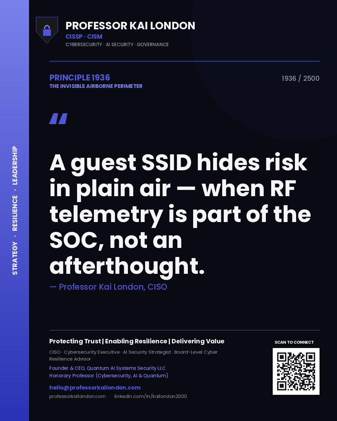 Professor Kai London principle 1936: A guest SSID hides risk in plain air — when RF telemetry is part of the SOC, not an afterthought.