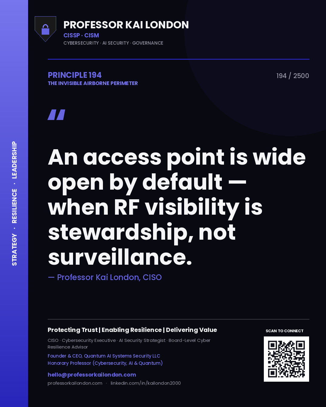 Quote card by Professor Kai London reading 'An access point is wide open by default — when RF visibility is stewardship, not surveillance.'. From the book The Invisible Airborne Perimeter.