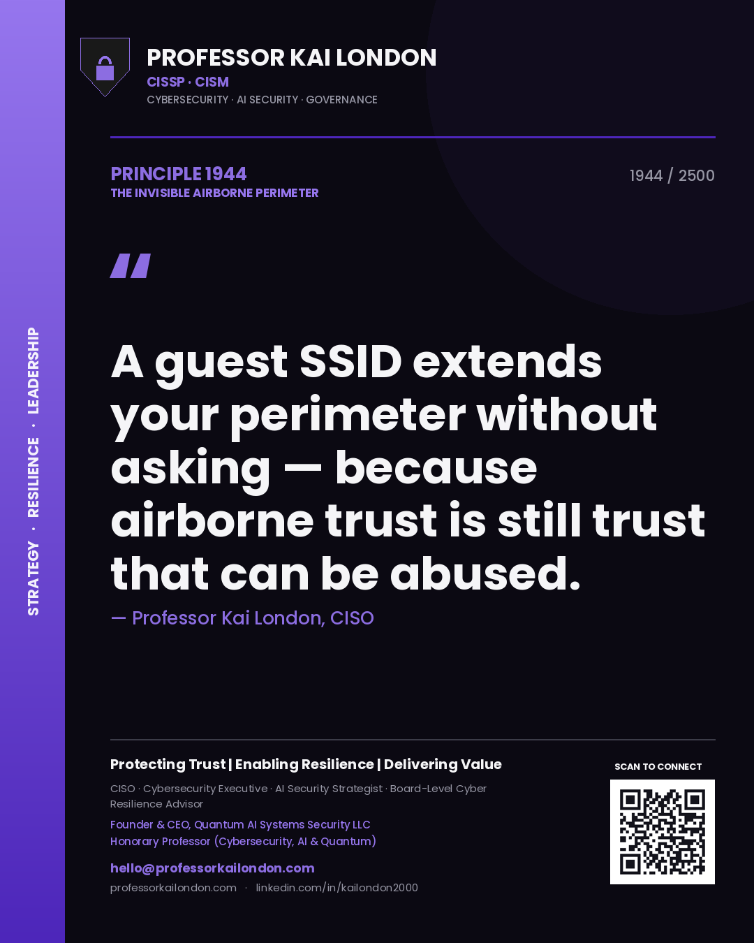 Quote card by Professor Kai London reading 'A guest SSID extends your perimeter without asking — because airborne trust is still trust that can be abused.'. From the book The Invisible Airborne Perimeter.