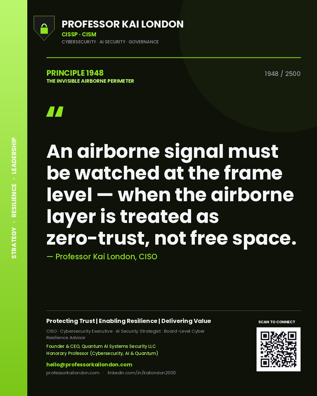 Quote card by Professor Kai London reading 'An airborne signal must be watched at the frame level — when the airborne layer is treated as zero-trust, not free space.'. From the book The Invisible Airborne Perimeter.