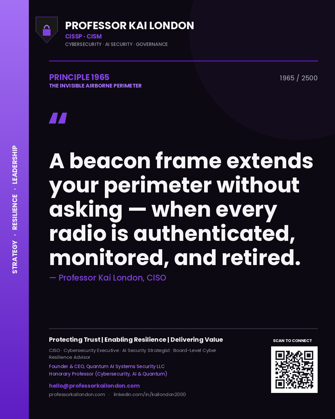 Professor Kai London principle 1965: A beacon frame extends your perimeter without asking — when every radio is authenticated, monitored, and retired.