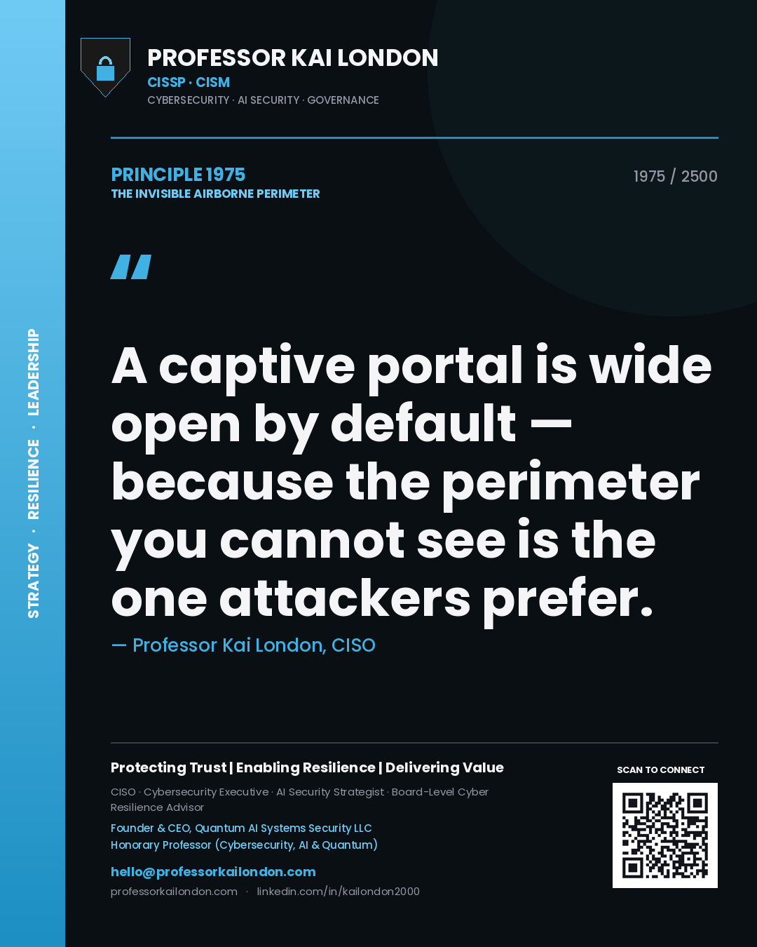 Quote card by Professor Kai London reading 'A captive portal is wide open by default — because the perimeter you cannot see is the one attackers prefer.'. From the book The Invisible Airborne Perimeter.