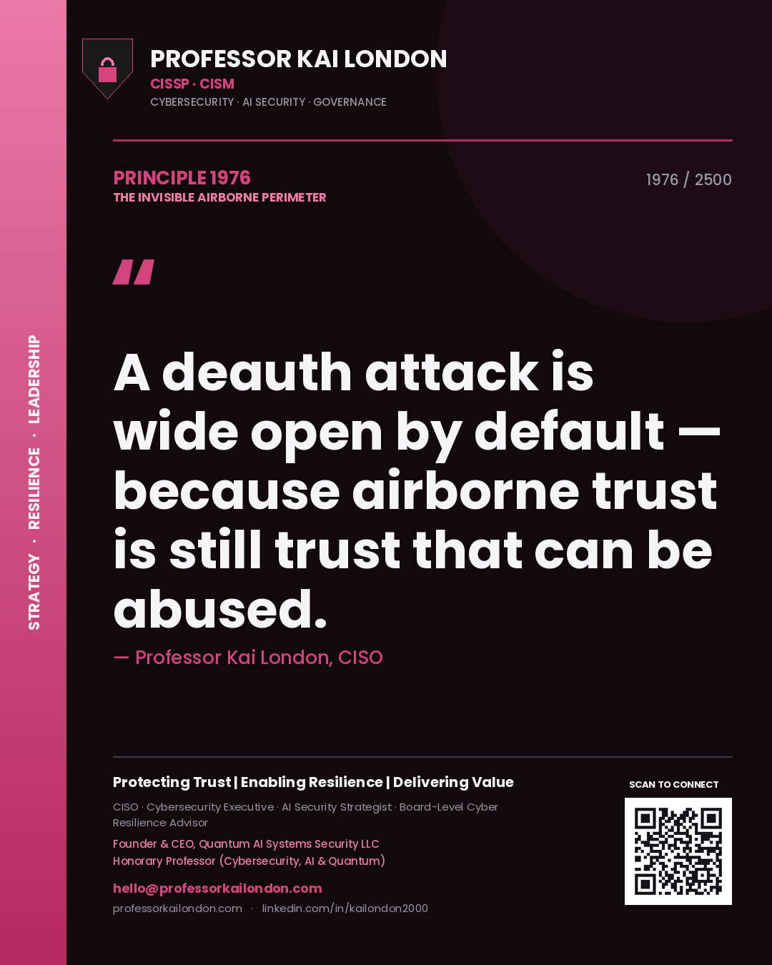 Quote card by Professor Kai London reading 'A deauth attack is wide open by default — because airborne trust is still trust that can be abused.'. From the book The Invisible Airborne Perimeter.
