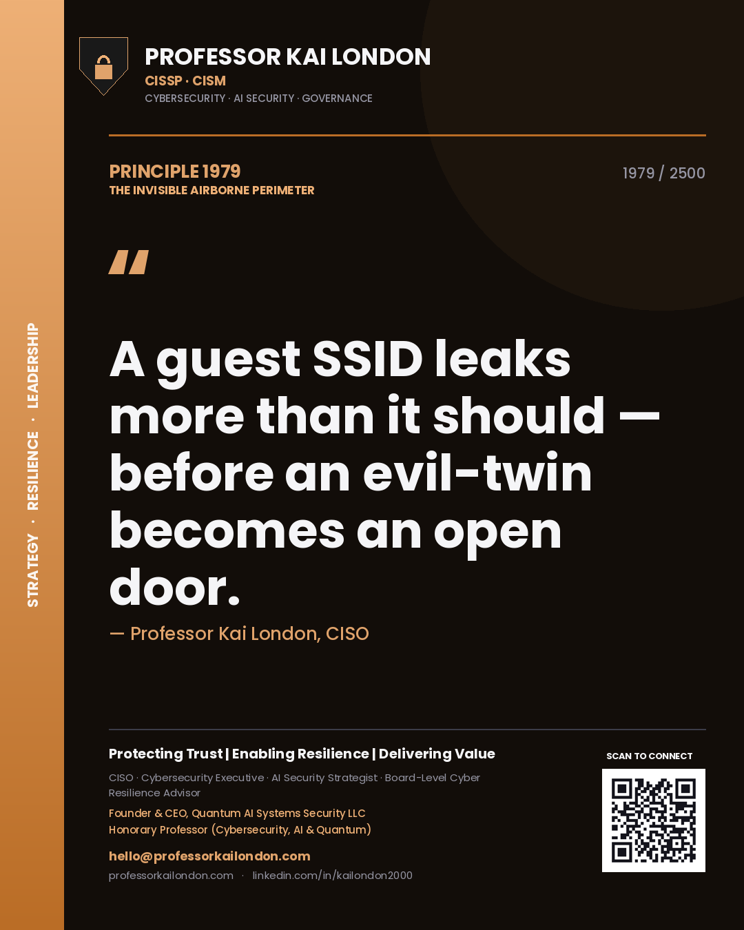 Quote card by Professor Kai London reading 'A guest SSID leaks more than it should — before an evil-twin becomes an open door.'. From the book The Invisible Airborne Perimeter.