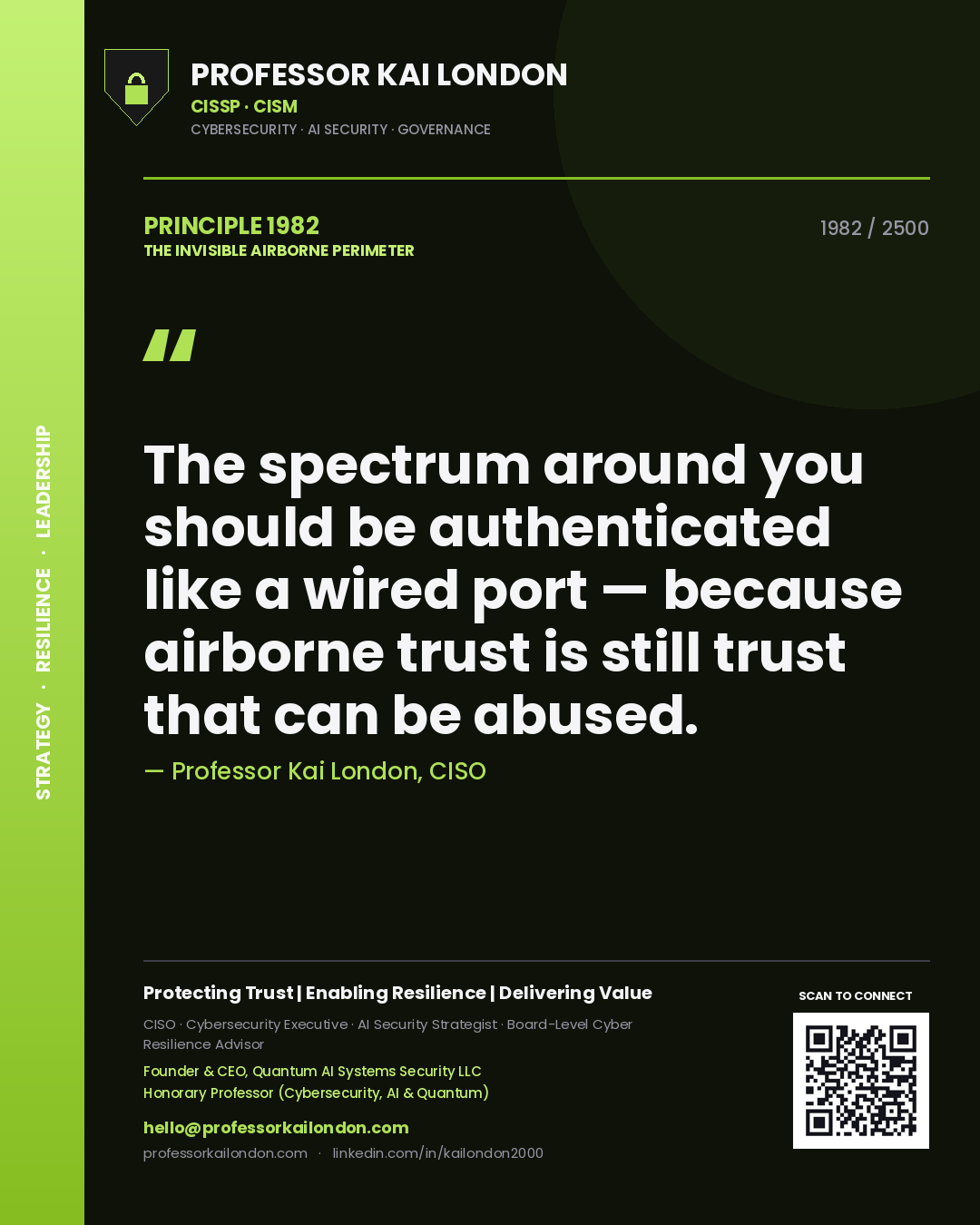Quote card by Professor Kai London reading 'The spectrum around you should be authenticated like a wired port — because airborne trust is still trust that can be abused.'. From the book The Invisible Airborne Perimeter.