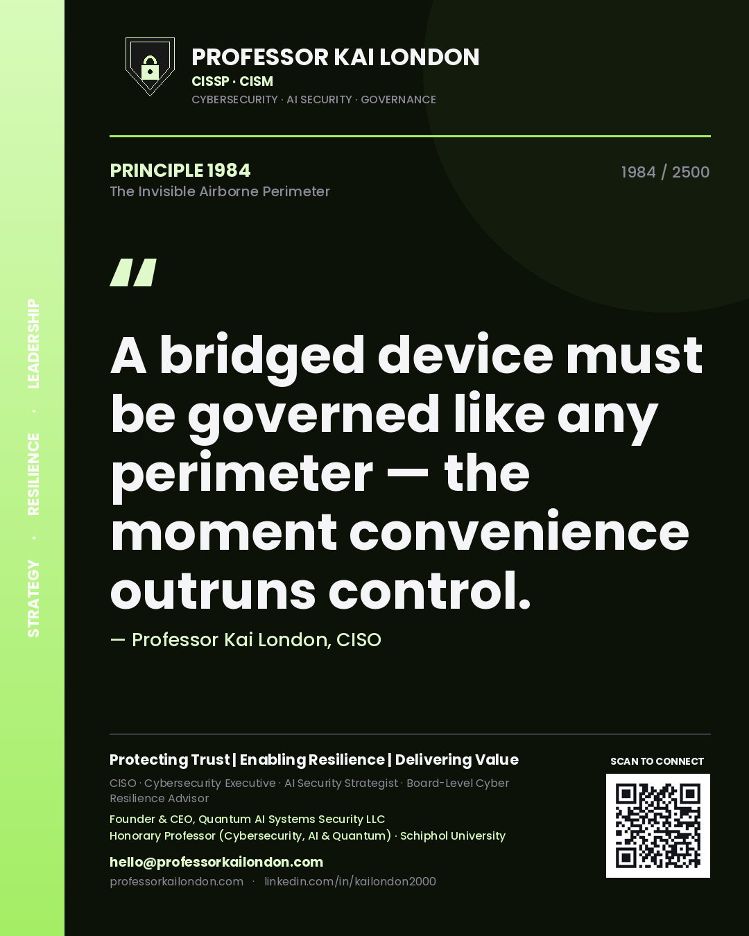 Quote card by Professor Kai London reading 'A bridged device must be governed like any perimeter — the moment convenience outruns control.'. From the book The Invisible Airborne Perimeter.