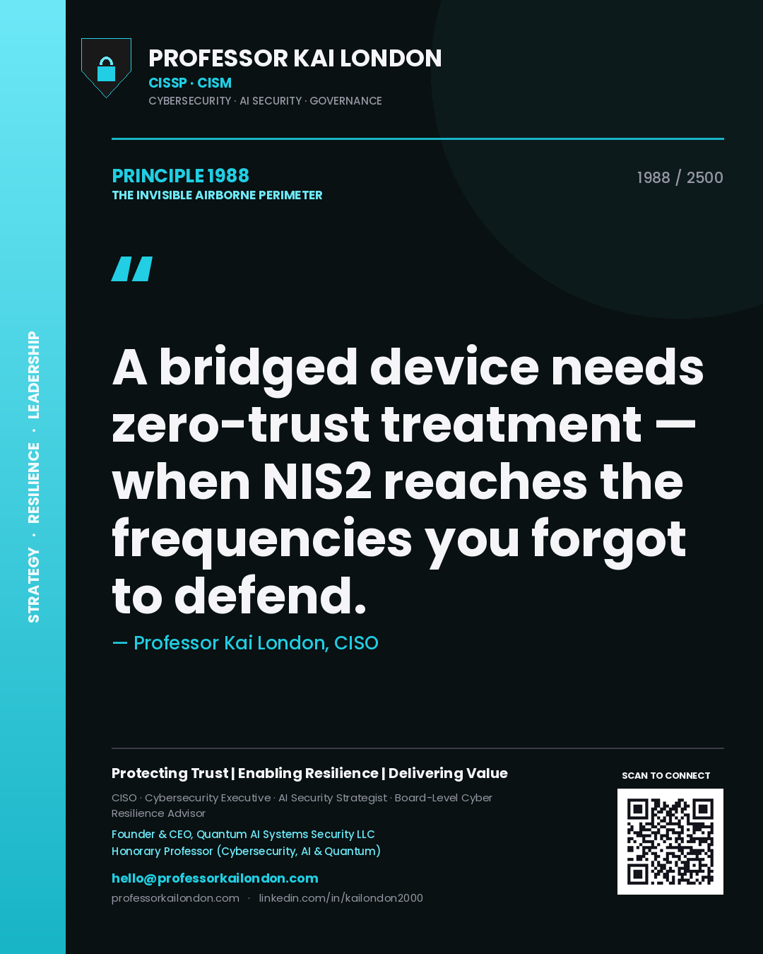 Professor Kai London principle 1988: A bridged device needs zero-trust treatment — when NIS2 reaches the frequencies you forgot to defend.