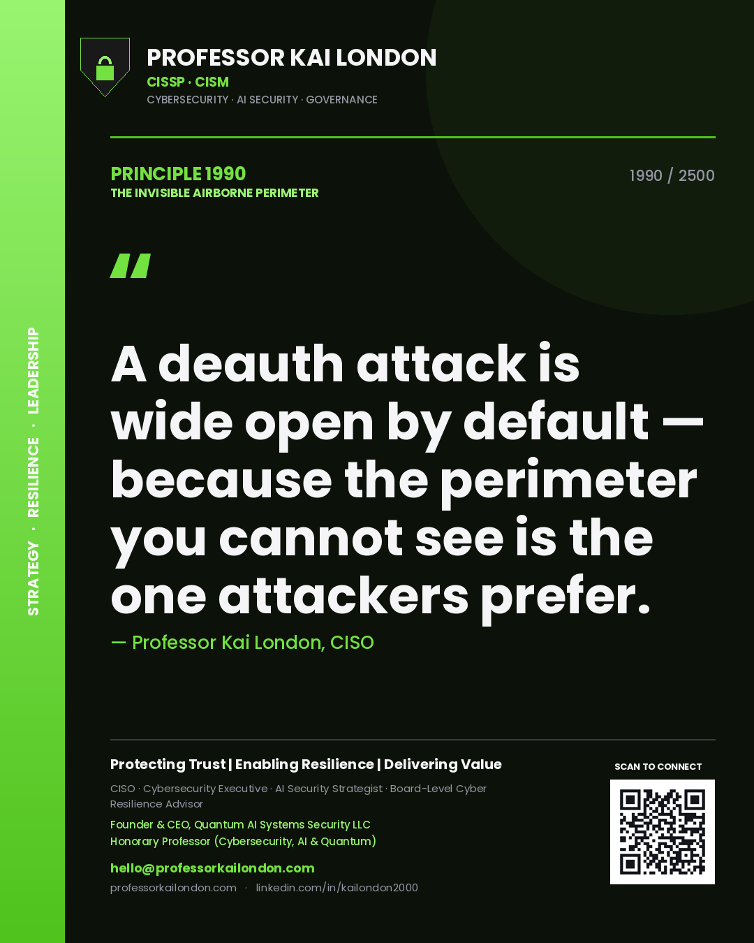 Quote card by Professor Kai London reading 'A deauth attack is wide open by default — because the perimeter you cannot see is the one attackers prefer.'. From the book The Invisible Airborne Perimeter.