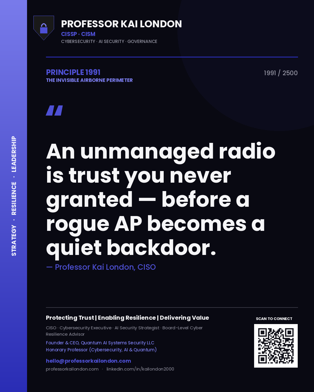 Quote card by Professor Kai London reading 'An unmanaged radio is trust you never granted — before a rogue AP becomes a quiet backdoor.'. From the book The Invisible Airborne Perimeter.