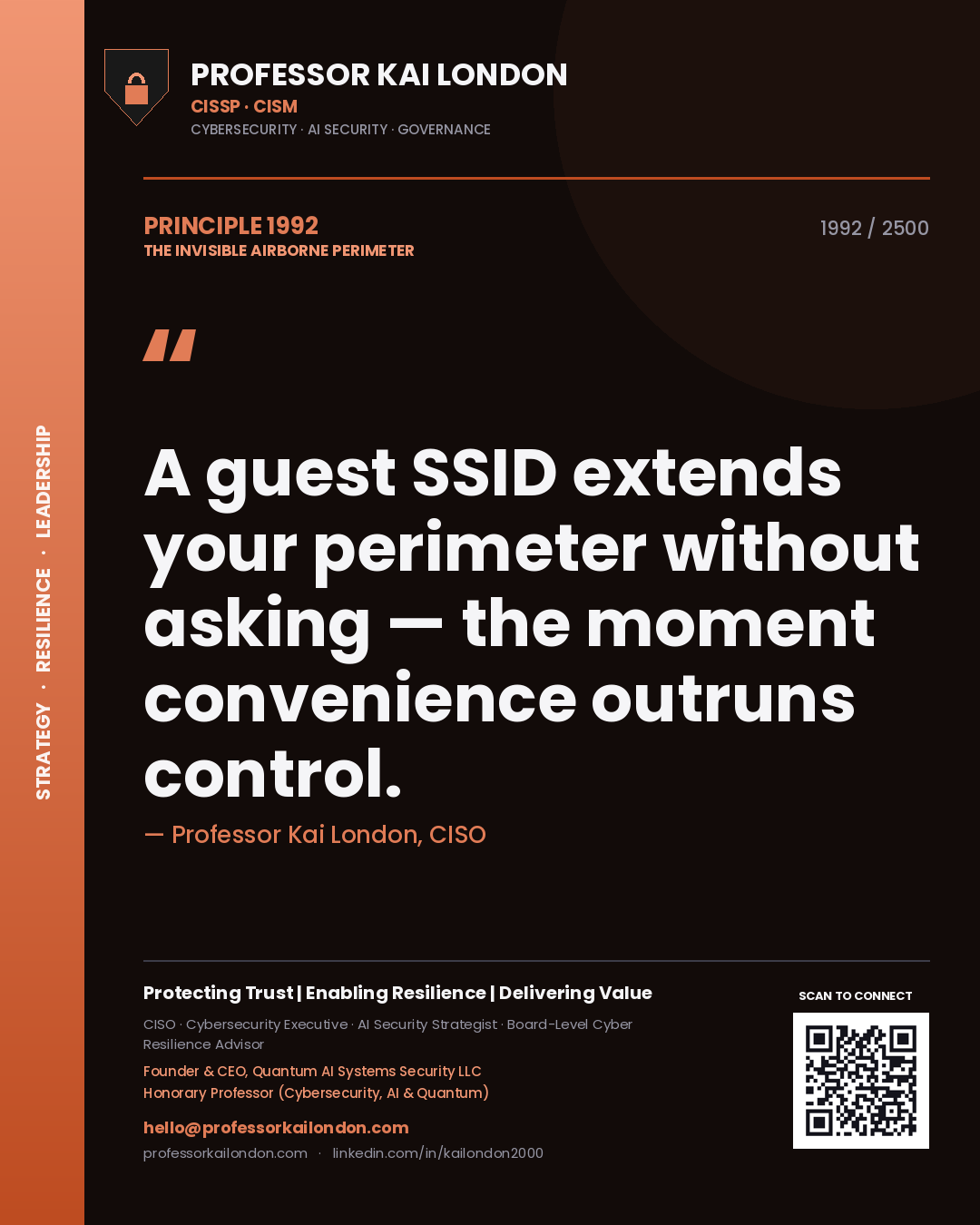 Quote card by Professor Kai London reading 'A guest SSID extends your perimeter without asking — the moment convenience outruns control.'. From the book The Invisible Airborne Perimeter.