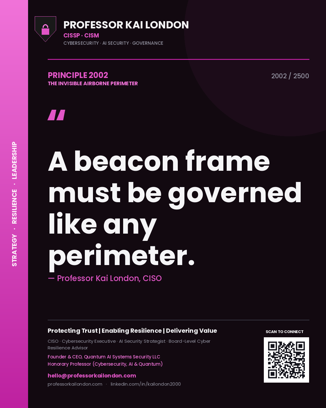 Professor Kai London principle 2002: A beacon frame must be governed like any perimeter.