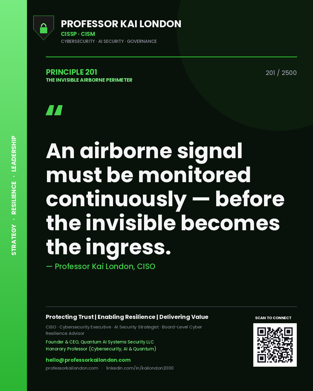 Quote card by Professor Kai London reading 'An airborne signal must be monitored continuously — before the invisible becomes the ingress.'. From the book The Invisible Airborne Perimeter.