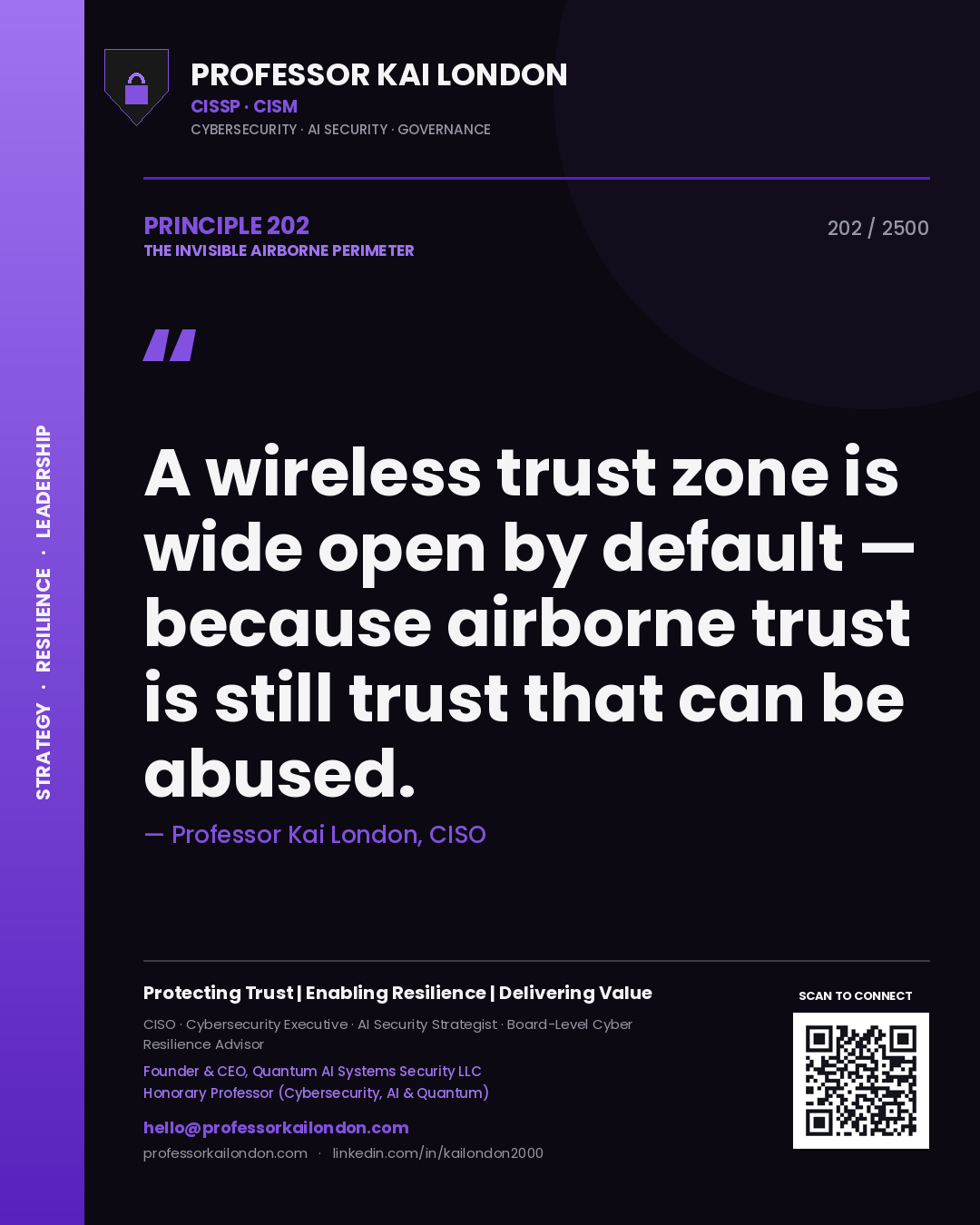 Quote card by Professor Kai London reading 'A wireless trust zone is wide open by default — because airborne trust is still trust that can be abused.'. From the book The Invisible Airborne Perimeter.