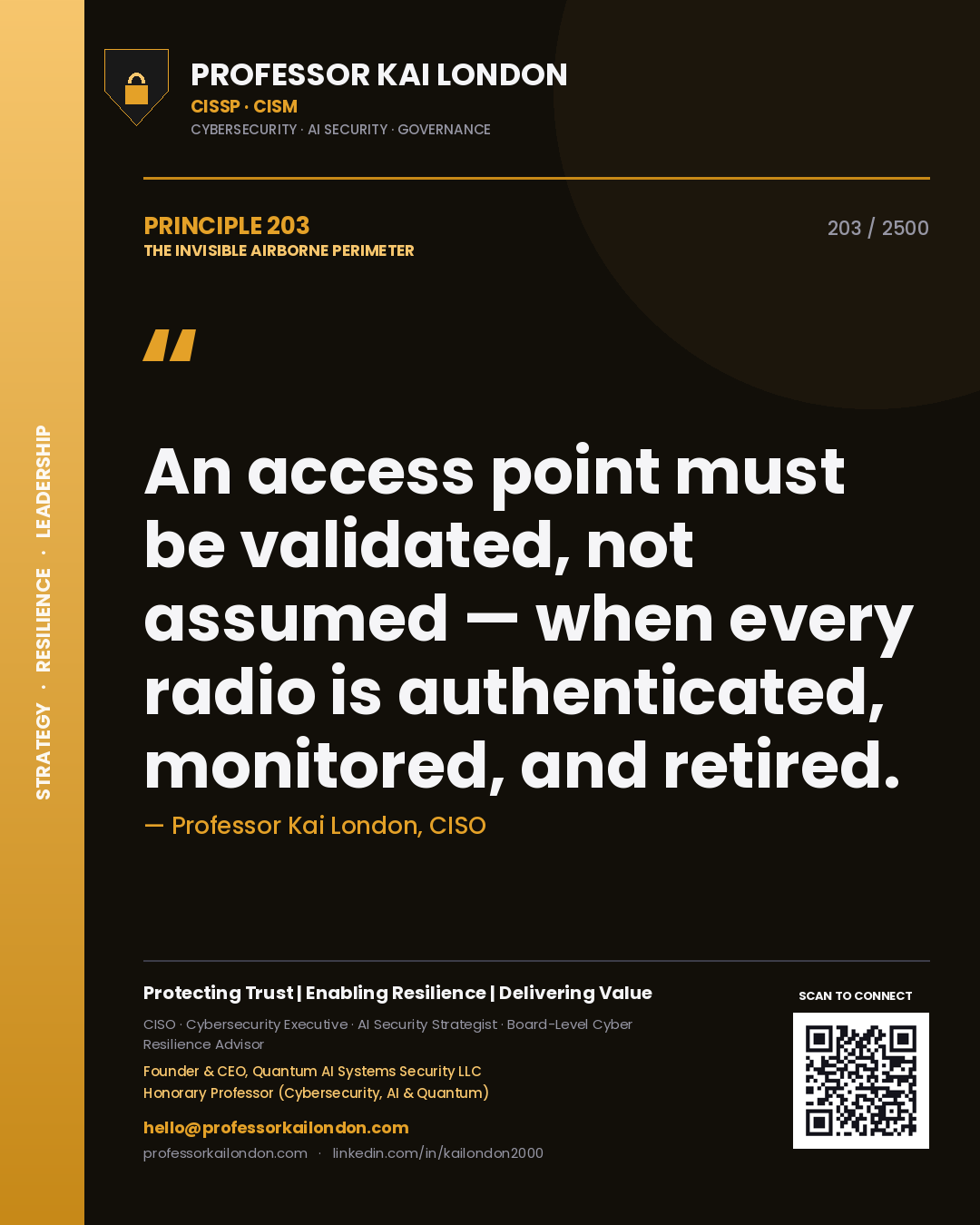 Quote card by Professor Kai London reading 'An access point must be validated, not assumed — when every radio is authenticated, monitored, and retired.'. From the book The Invisible Airborne Perimeter.
