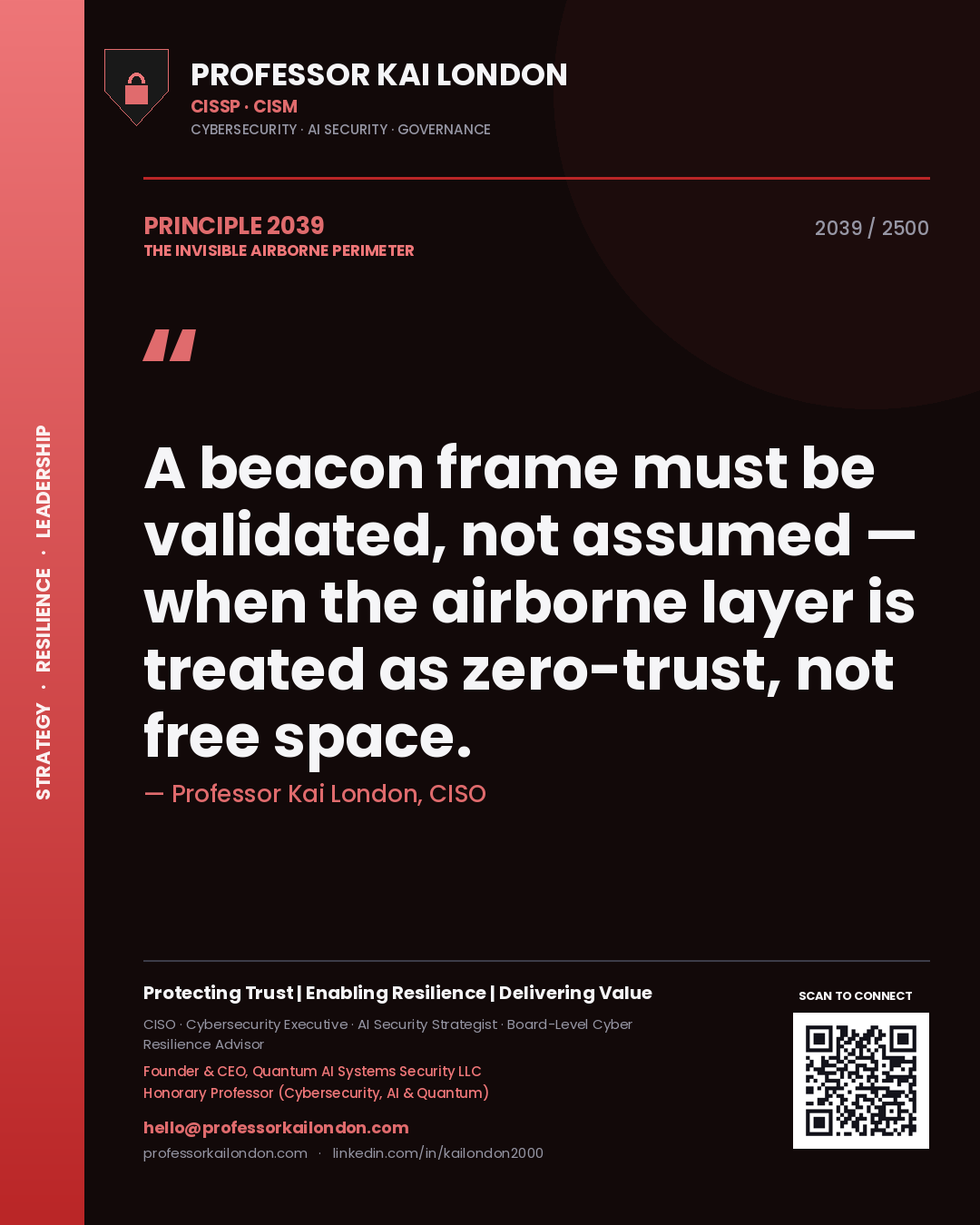 Professor Kai London principle 2039: A beacon frame must be validated, not assumed — when the airborne layer is treated as zero-trust, not free space.