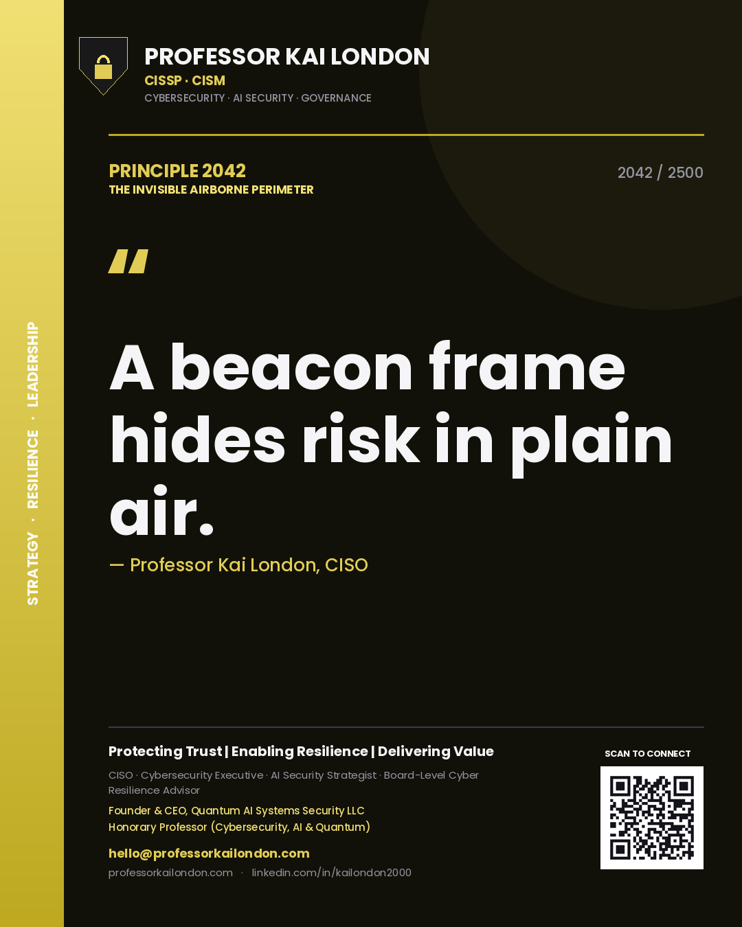 Professor Kai London principle 2042: A beacon frame hides risk in plain air.