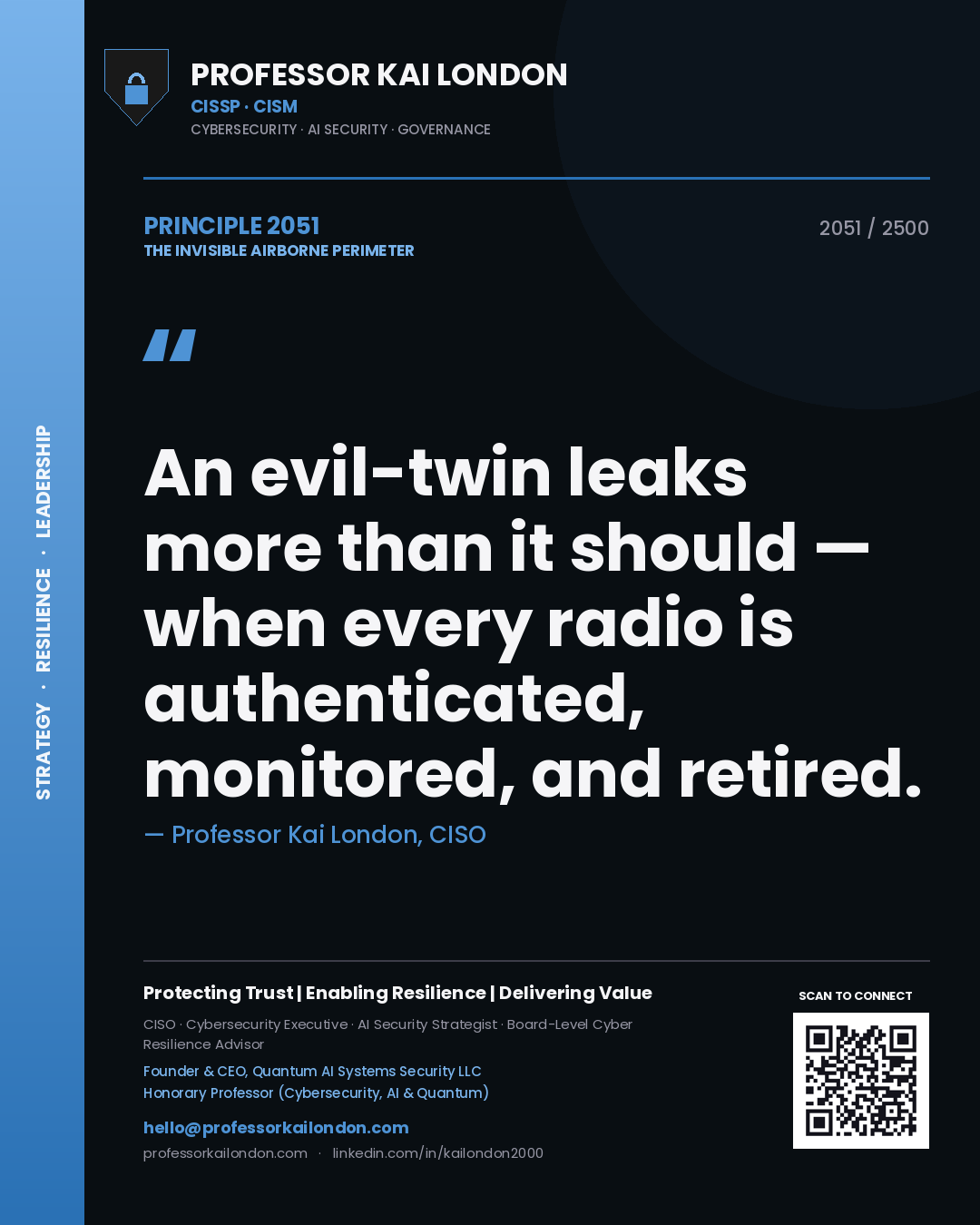 Professor Kai London principle 2051: An evil-twin leaks more than it should — when every radio is authenticated, monitored, and retired.