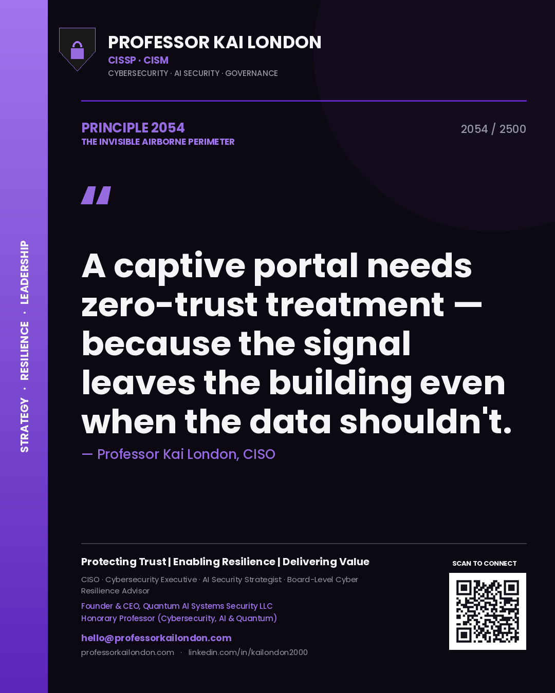 Professor Kai London principle 2054: A captive portal needs zero-trust treatment — because the signal leaves the building even when the data shouldn't.