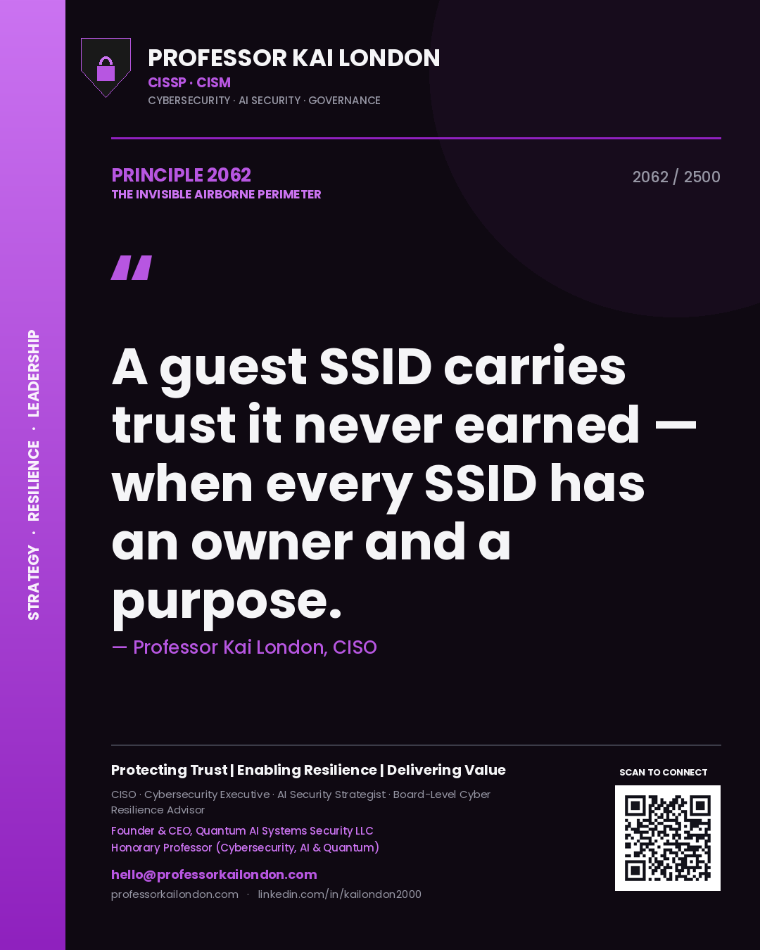 Professor Kai London principle 2062: A guest SSID carries trust it never earned — when every SSID has an owner and a purpose.