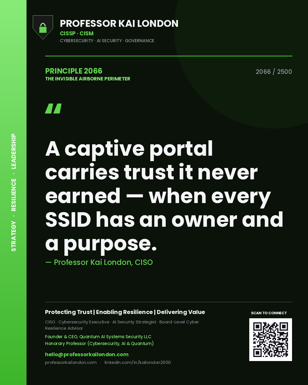 Professor Kai London principle 2066: A captive portal carries trust it never earned — when every SSID has an owner and a purpose.