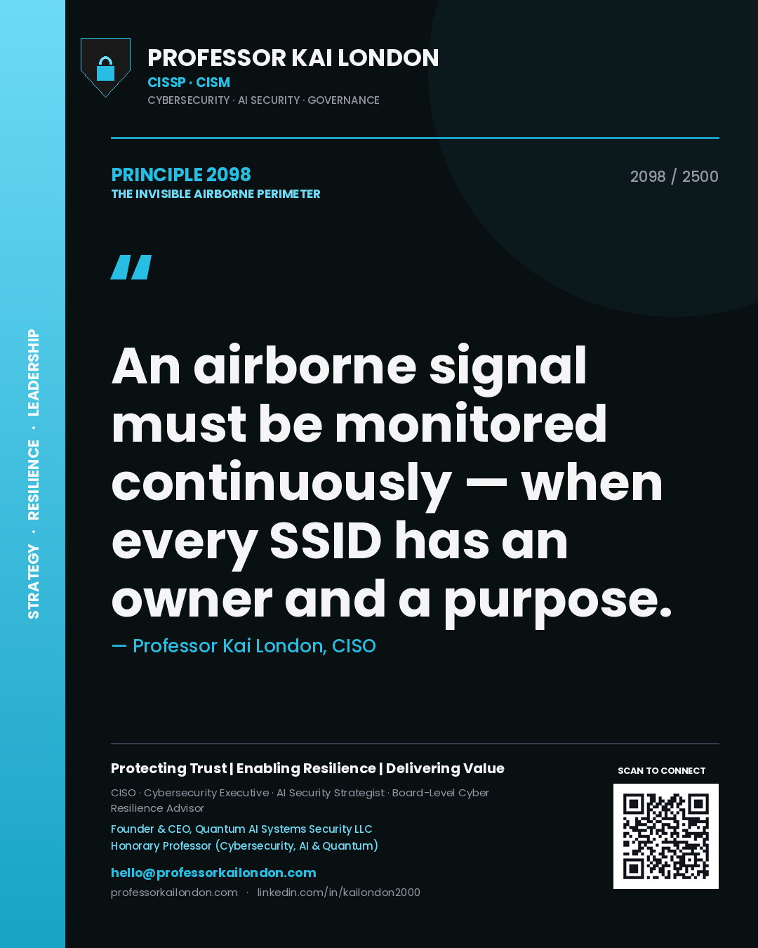 Professor Kai London principle 2098: An airborne signal must be monitored continuously — when every SSID has an owner and a purpose.
