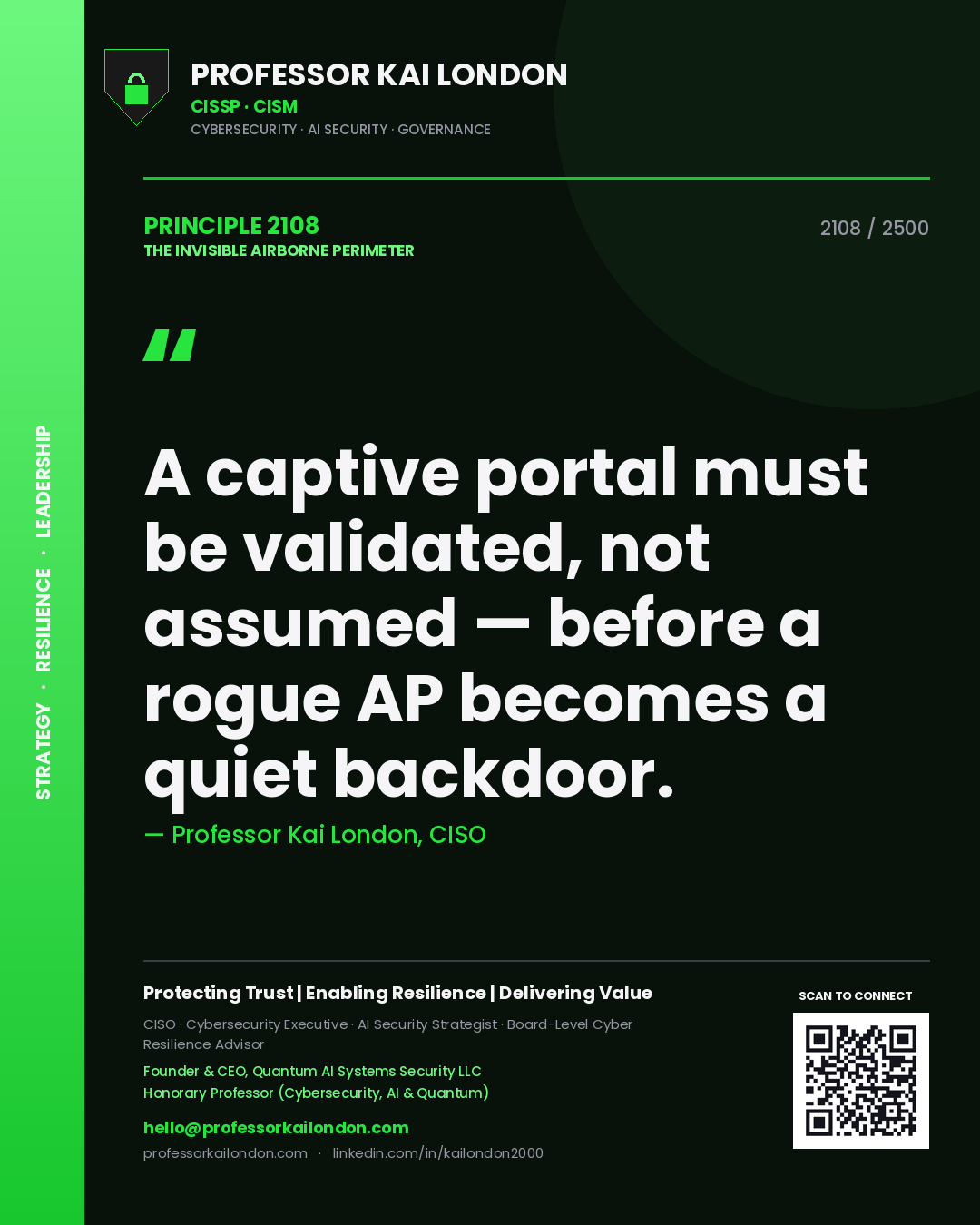 Quote card by Professor Kai London reading 'A captive portal must be validated, not assumed — before a rogue AP becomes a quiet backdoor.'. From the book The Invisible Airborne Perimeter.