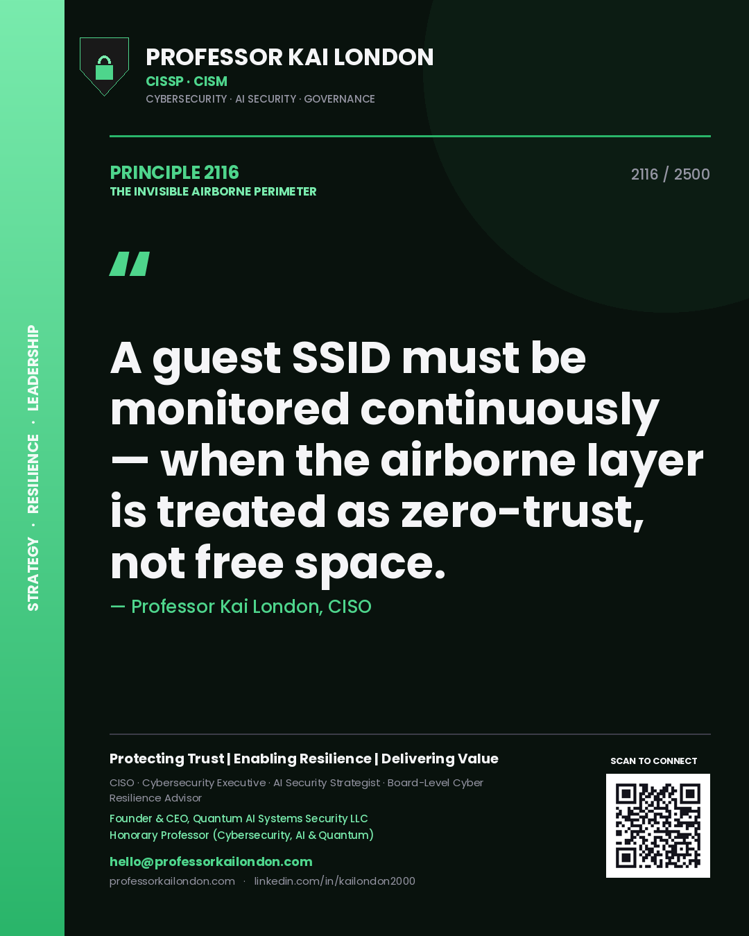 Professor Kai London principle 2116: A guest SSID must be monitored continuously — when the airborne layer is treated as zero-trust, not free space.