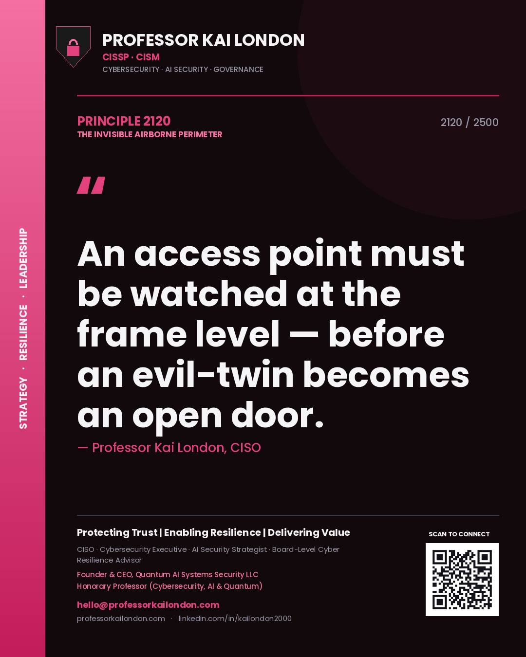 Professor Kai London principle 2120: An access point must be watched at the frame level — before an evil-twin becomes an open door.