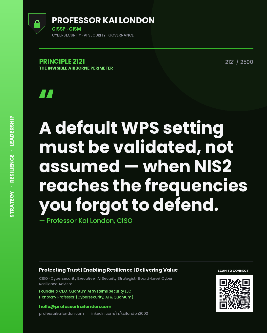 Quote card by Professor Kai London reading 'A default WPS setting must be validated, not assumed — when NIS2 reaches the frequencies you forgot to defend.'. From the book The Invisible Airborne Perimeter.
