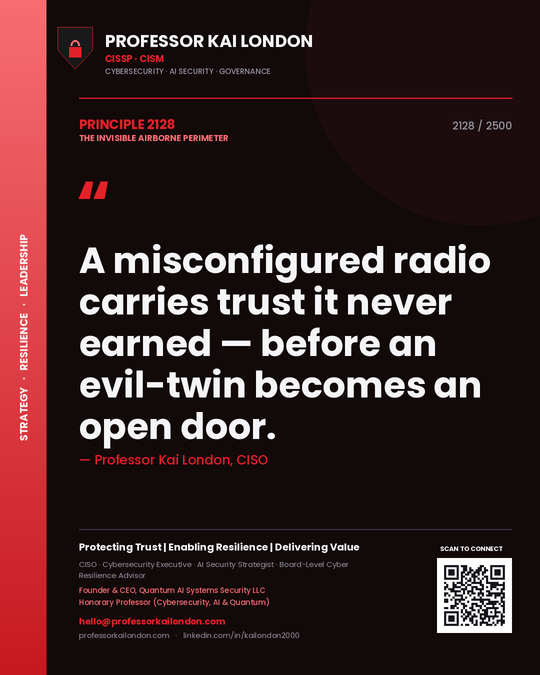 Quote card by Professor Kai London reading 'A misconfigured radio carries trust it never earned — before an evil-twin becomes an open door.'. From the book The Invisible Airborne Perimeter.
