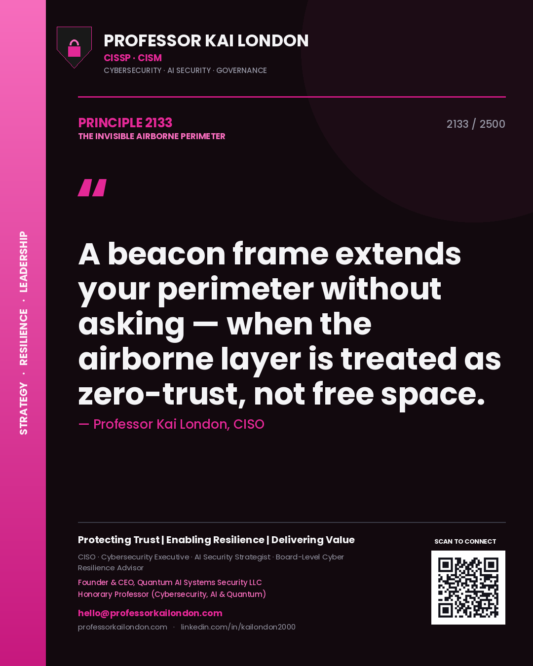 Quote card by Professor Kai London reading 'A beacon frame extends your perimeter without asking — when the airborne layer is treated as zero-trust, not free space.'. From the book The Invisible Airborne Perimeter.