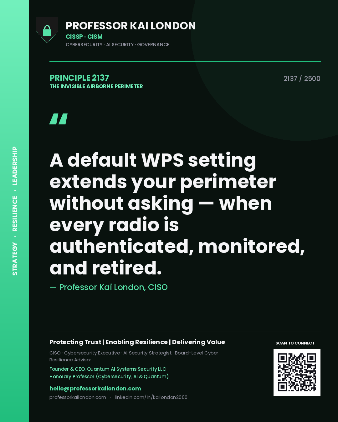 Quote card by Professor Kai London reading 'A default WPS setting extends your perimeter without asking — when every radio is authenticated, monitored, and retired.'. From the book The Invisible Airborne Perimeter.