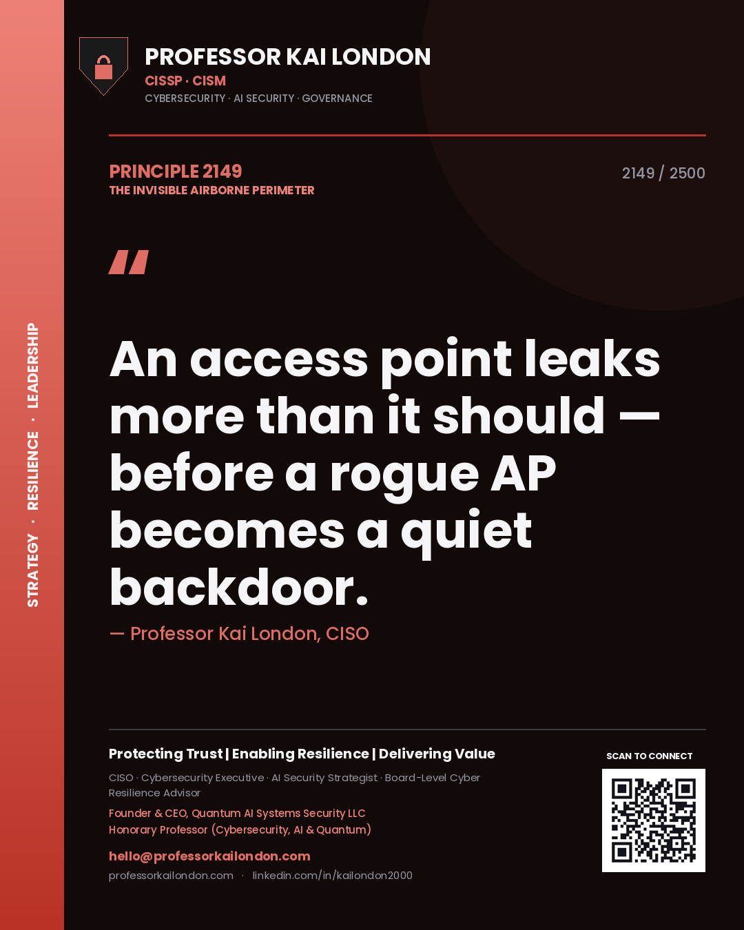 Quote card by Professor Kai London reading 'An access point leaks more than it should — before a rogue AP becomes a quiet backdoor.'. From the book The Invisible Airborne Perimeter.
