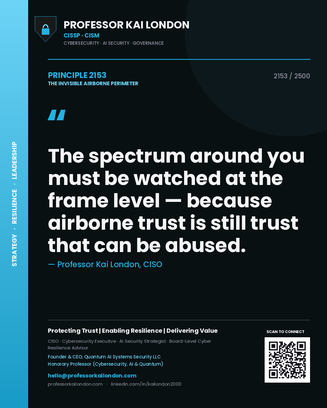Quote card by Professor Kai London reading 'The spectrum around you must be watched at the frame level — because airborne trust is still trust that can be abused.'. From the book The Invisible Airborne Perimeter.