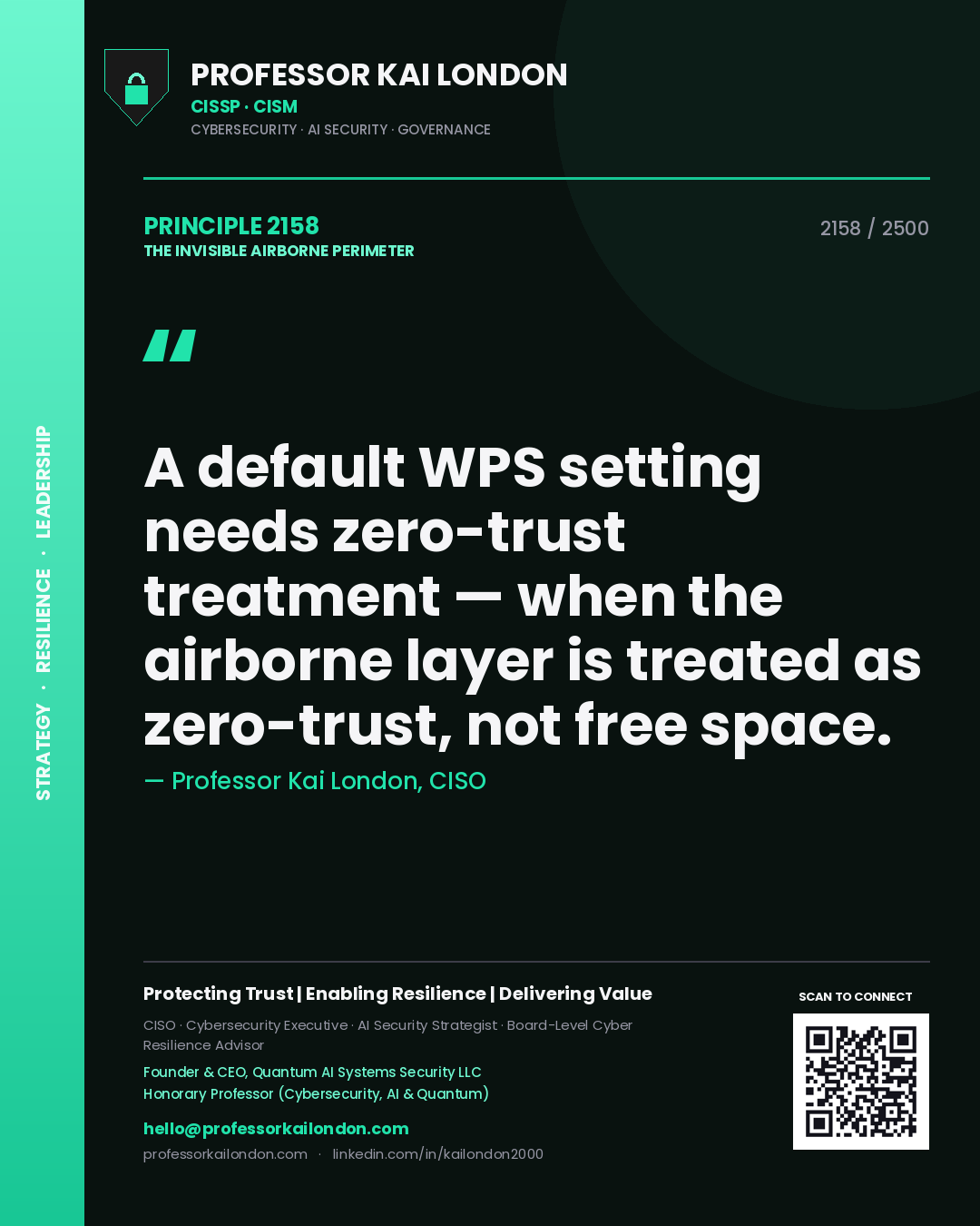 Professor Kai London principle 2158: A default WPS setting needs zero-trust treatment — when the airborne layer is treated as zero-trust, not free space.