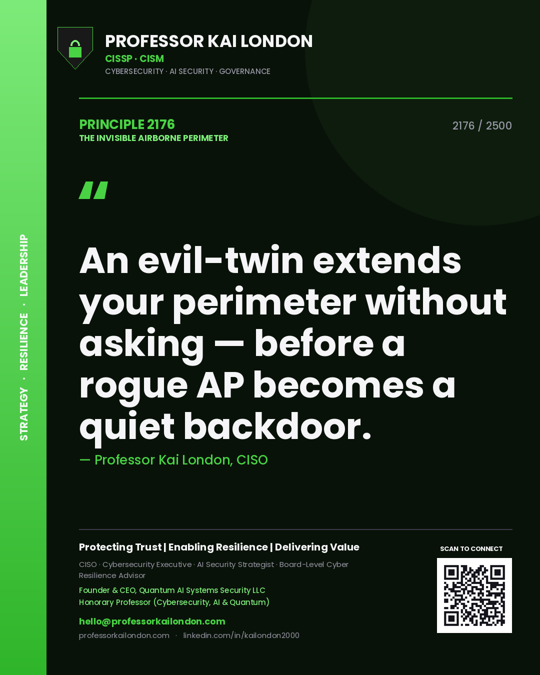 Quote card by Professor Kai London reading 'An evil-twin extends your perimeter without asking — before a rogue AP becomes a quiet backdoor.'. From the book The Invisible Airborne Perimeter.