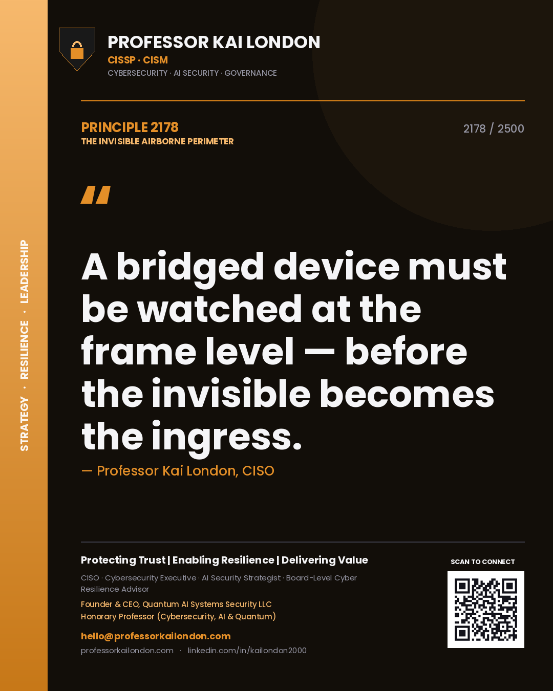 Quote card by Professor Kai London reading 'A bridged device must be watched at the frame level — before the invisible becomes the ingress.'. From the book The Invisible Airborne Perimeter.