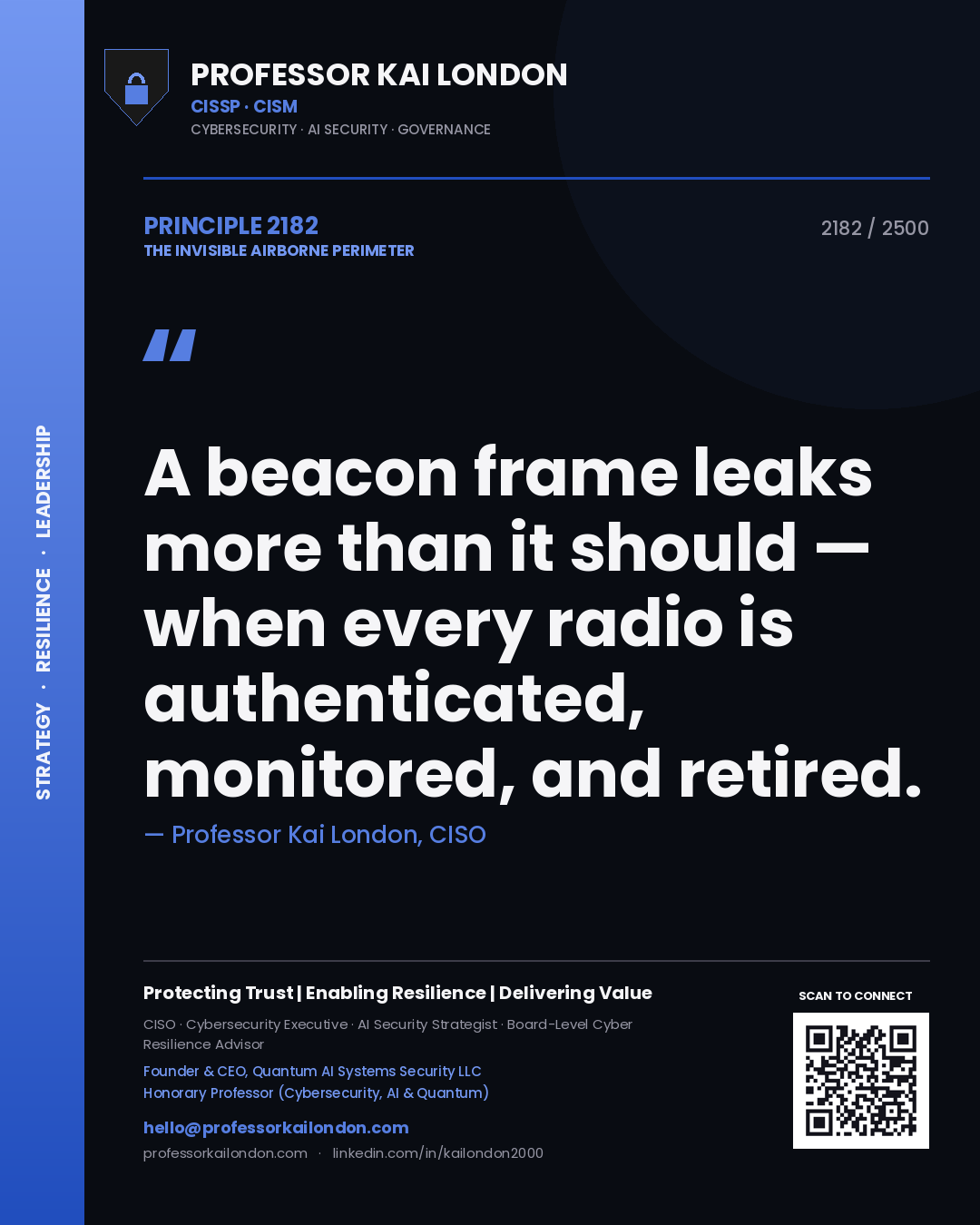 Quote card by Professor Kai London reading 'A beacon frame leaks more than it should — when every radio is authenticated, monitored, and retired.'. From the book The Invisible Airborne Perimeter.
