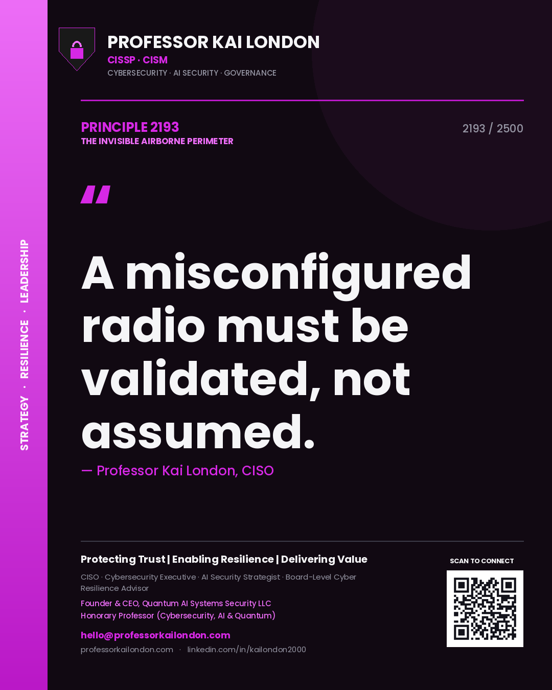 Quote card by Professor Kai London reading 'A misconfigured radio must be validated, not assumed.'. From the book The Invisible Airborne Perimeter.