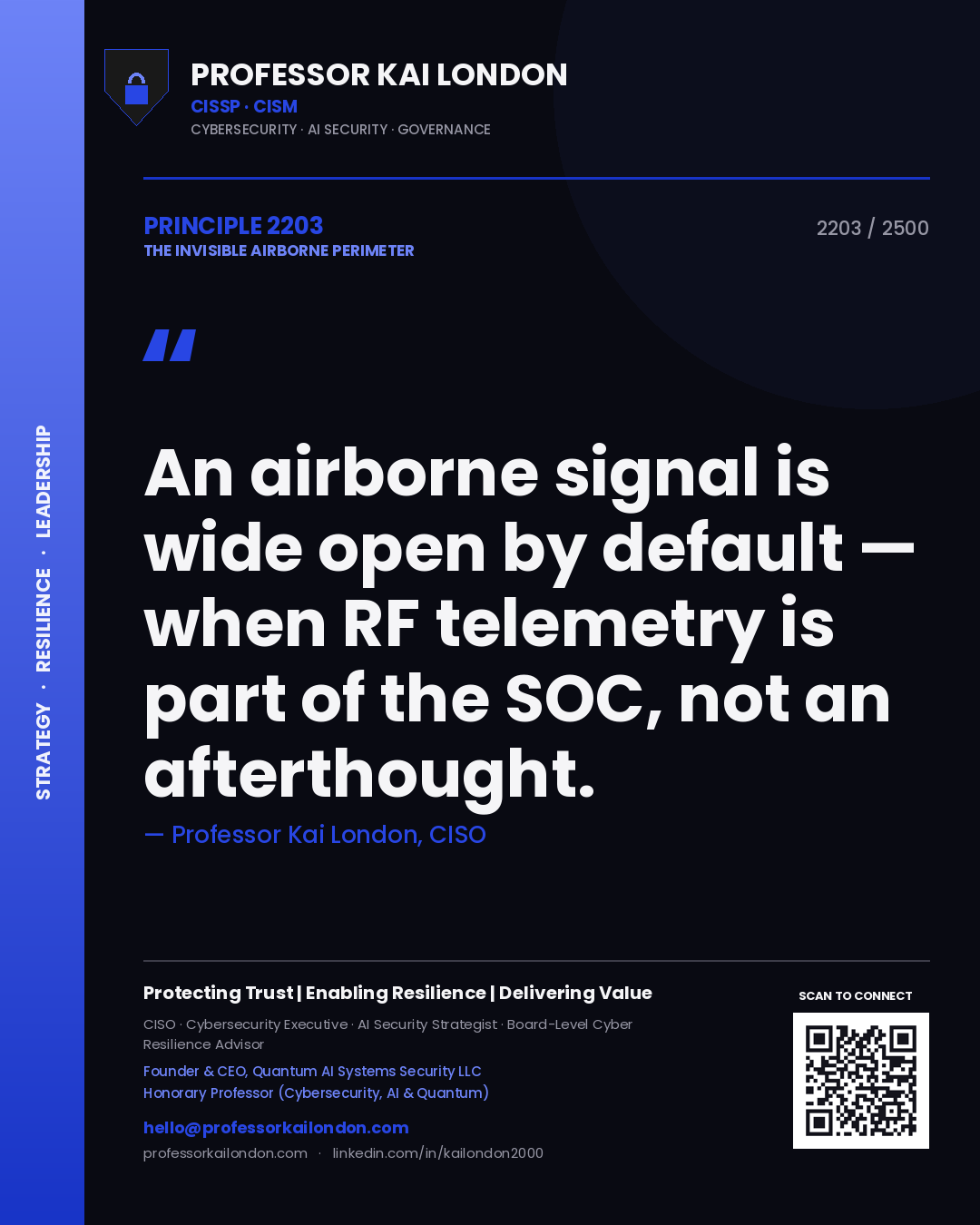 Quote card by Professor Kai London reading 'An airborne signal is wide open by default — when RF telemetry is part of the SOC, not an afterthought.'. From the book The Invisible Airborne Perimeter.